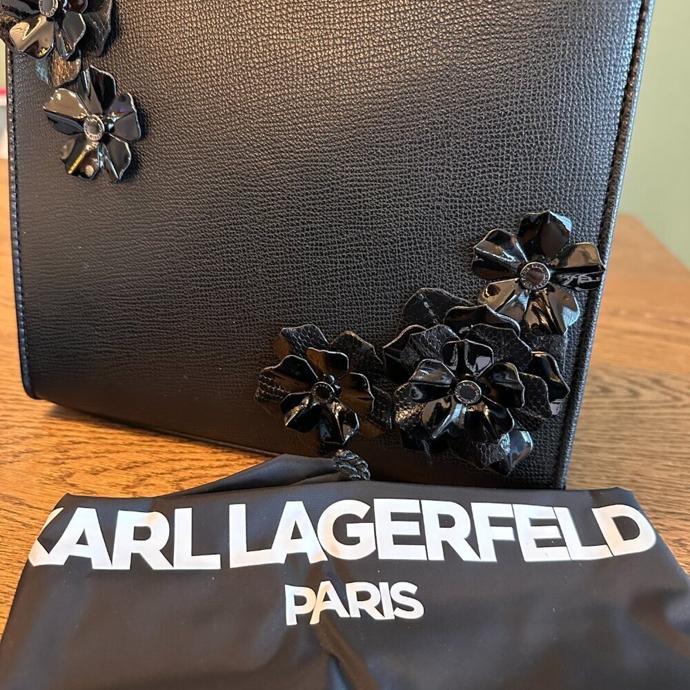NWT!Karl Lagerfeld MAYBELLE Duo Top Handle Satchel with Pins Women -BLACK FLORAL - Picture 2 of 11